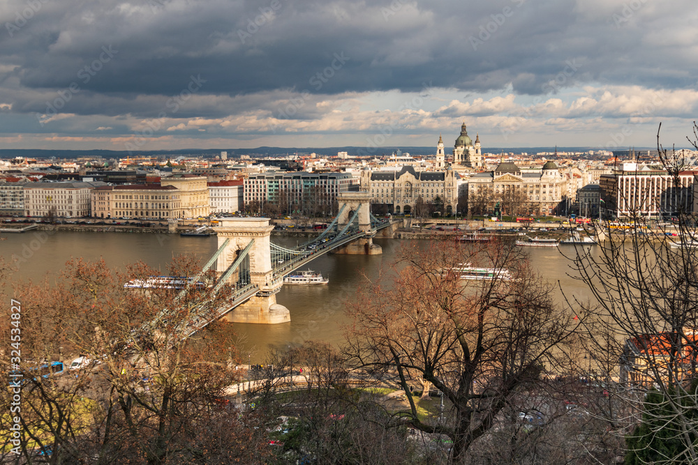 Hungary, Budapest - 14 february 2020: aerial view of Budapest on Danube river  under dramatic sky