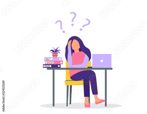 A young woman is sitting under question marks. Girl or woman surrounded by question marks. Woman is thinking in the workplace. Workplace with a laptop. Vector illustration on an isolated background.