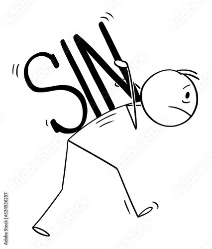 Obraz na plátně Vector cartoon stick figure drawing conceptual illustration of man or sinner carrying his heavy sin on back
