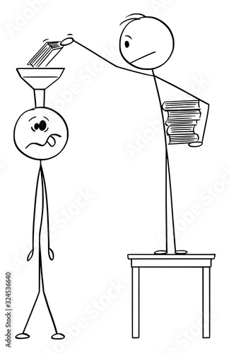 Vector cartoon stick figure drawing conceptual illustration of man putting books in to head or brain of ignorant or uneducated person.Concept of education.