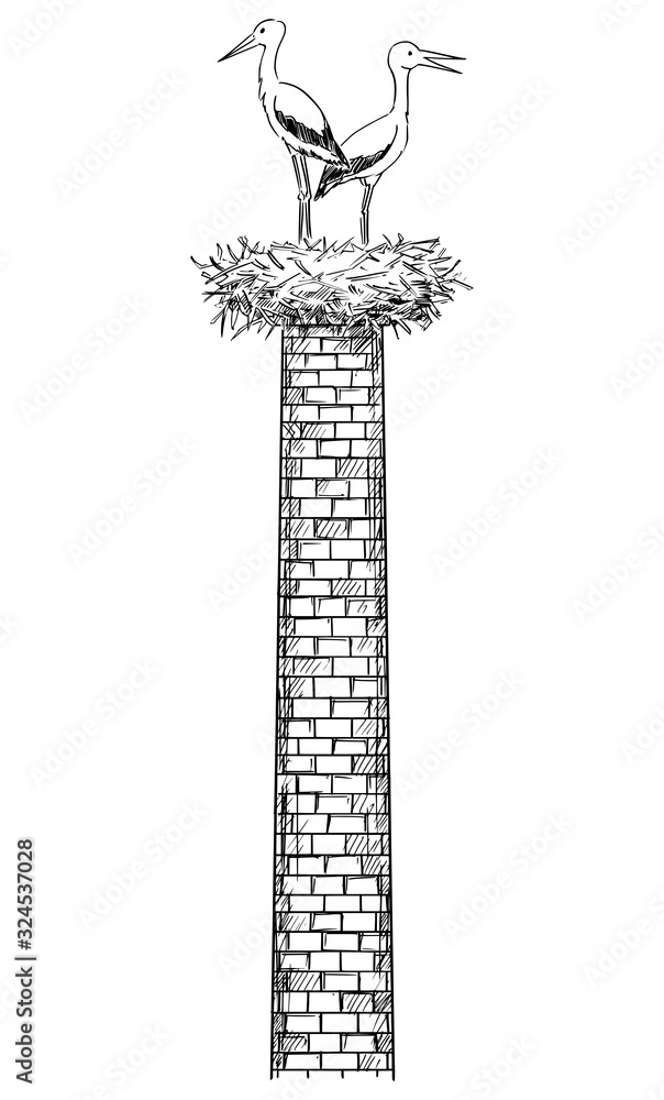Vector cartoon drawing conceptual illustration of pair of white storks bird standing in nest on old factory smokestack or chimney.