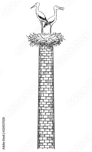 Vector cartoon drawing conceptual illustration of pair of white storks bird standing in nest on old factory smokestack or chimney.