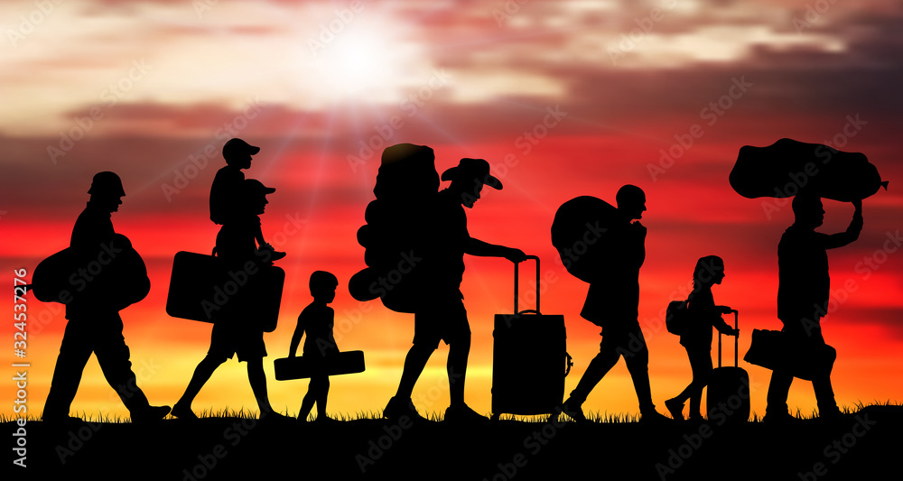 Crowd people migration at sunrise. Silhouette vector illustration (Clipping mask)
