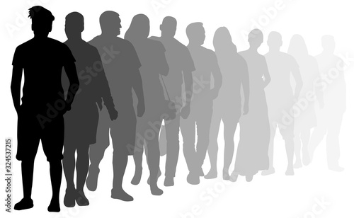 Crowd of people stand in line. People queue for casting. Silhouette vector illustration