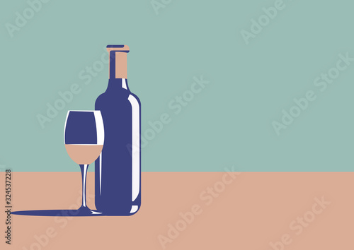 Elegant wine bottle and wine glass in minimal art deco style with copy space nearby