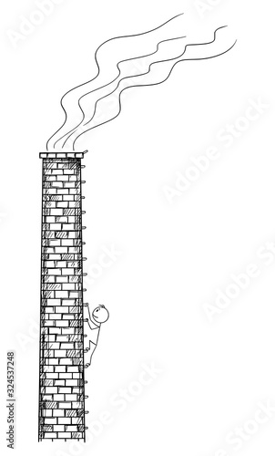 Leinwand Poster Vector cartoon stick figure drawing conceptual illustration of man, worker or ecologist climbing old factory smokestack or chimney