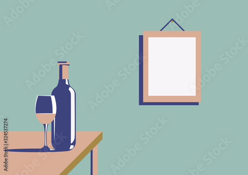 Elegant bottle of wine with a wine glass and a picture on the wall with copy space in minimal art deco style