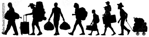 Crowd people migration. Resettlement of refugees. Man walks with a bag and a suitcase. Silhouette vector illustration photo