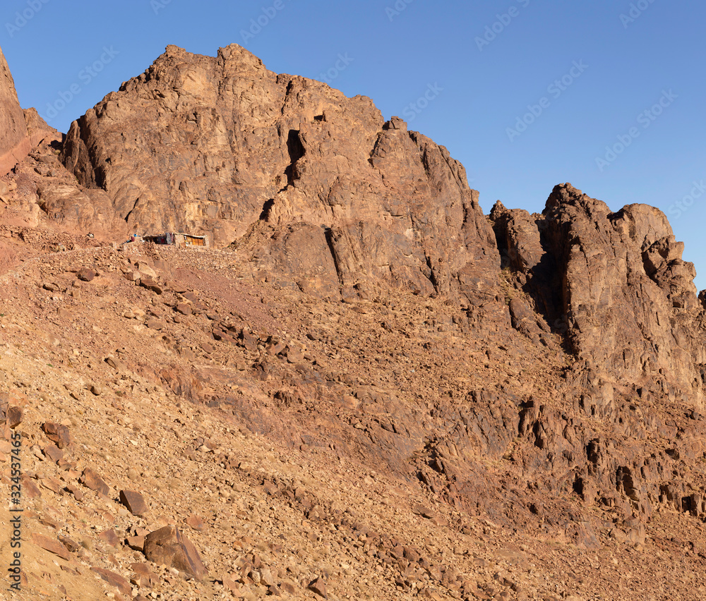 Fototapeta premium Egypt. Mount Sinai in the morning at sunrise. (Mount Horeb, Gabal Musa, Moses Mount). Pilgrimage place and famous touristic destination.