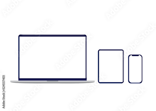 Vector illustration of mockups of modern laptop, tablet and phone with blank screens with copy space isolated on white background