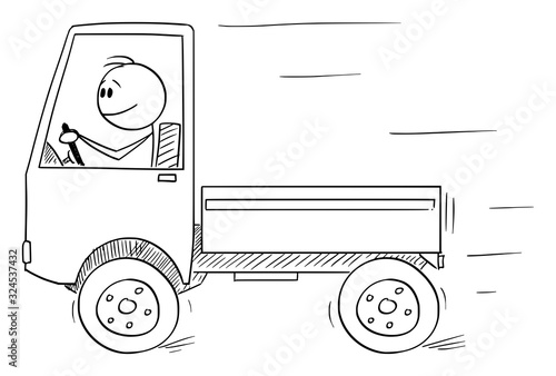 Vector cartoon stick figure drawing conceptual illustration of smiling man or driver driving small unloaded truck. Transportation or logistic business concept.