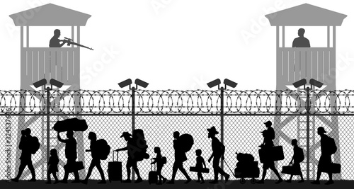 Group of walking refugees. Crowd migration. People behind barbed wire. State border checkpoint. Silhouette vector illustration