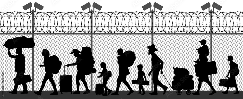 Migration of people across the border near the fence with cameras. Seamless silhouette vector illustration