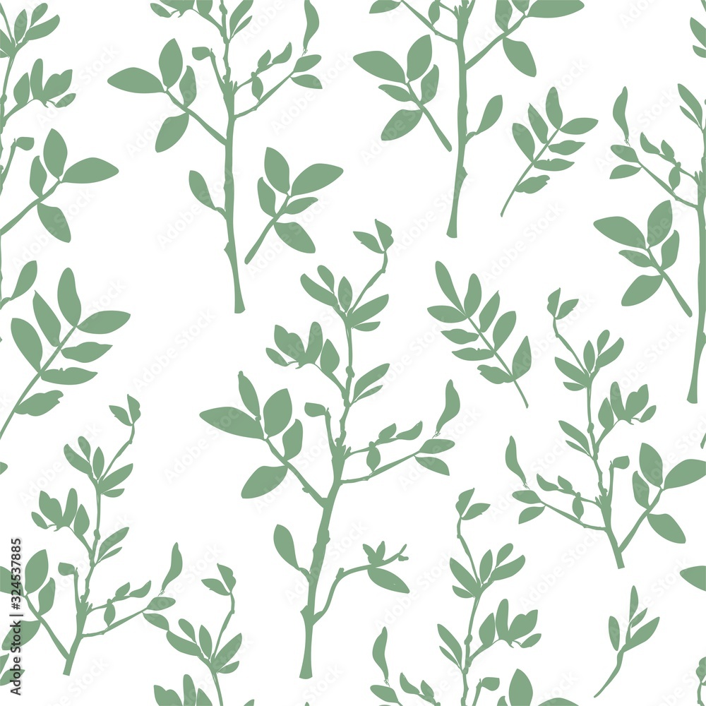 Tree twig with leaves background. Print for textile. The drawn branches with leaves. Design pattern seamless.