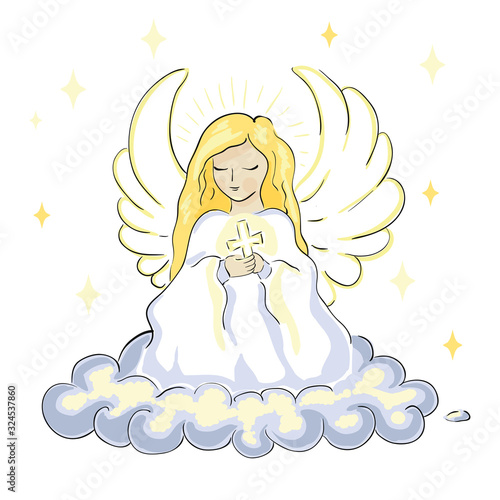 cute beautiful blonde angel woman praying sitting on a cloud and holding a cross