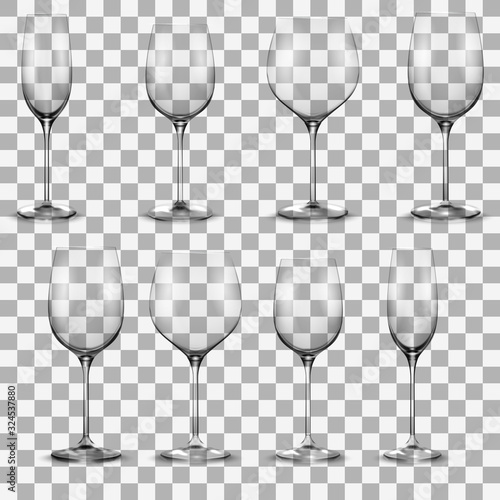 Transparent wine glass set. Wine glasses. Realistic vector
