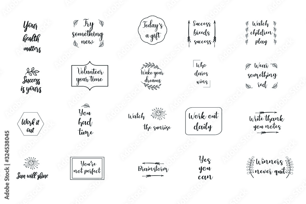 Set of 20 vector Motivation Inspiring Quotes. Ready to post in social media, brochure, magazine. Set of 20 vector Motivation Inspiring Quotes. Ready to post in social media, brochure, magazine.