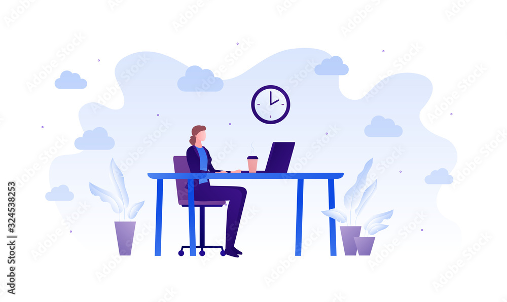 Business office employee concept. Vector flat person illustration. Woman in suit sitting at desk with coffee, clock and laptop sign. Design element for banner, poster, background.