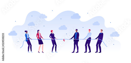 Business male and female competition concept. Vector flat person illustration. Women and men of different ethics in suits pull the rope. Design element for banner  poster  background.