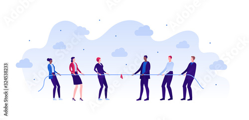 Business male and female competition concept. Vector flat person illustration. Women and men of different ethics in suits pull the rope. Design element for banner, poster, background.
