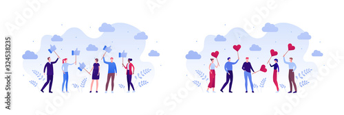 Business social media marketing and reputation concept. Vector flat person illustration. Crowd of corporate people holding thumb up and heart like sign. Design element for banner, poster, background.