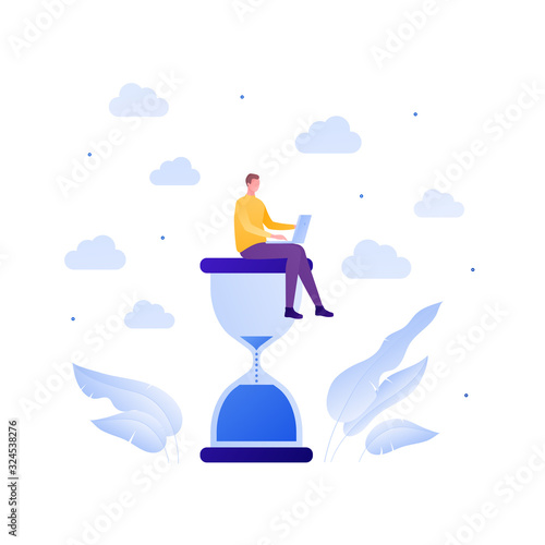 Business deadline concept. Vector flat person illustration. Male employee sitting on hourglass with laptop. Design element for banner, poster, background.