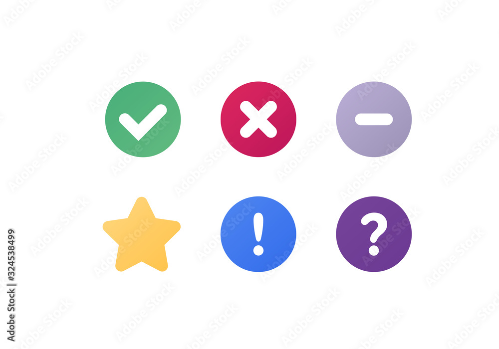 Business task and time managment concept. Vector flat icon set illustration. Colorful icons of agree, denied, priority star, exclamation and question mark signs. Design element for banner, background. Business task and time managment concept. Vector flat icon set illustration. Colorful icons of agree, denied, priority star, exclamation and question mark signs. Design element for banner, background.