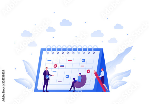 Business team planning schedule concept. Vector flat people illustration. Businessman in suit and females with laptop and red pen. Calendar planner sign. Design element for banner, poster, background.