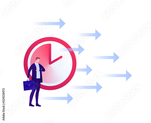 Business deadline overworking concept. Vector flat people illustration. Businessman in suit with briefcase watching hour. Clock and arrow sign. Design element for banner, poster, background