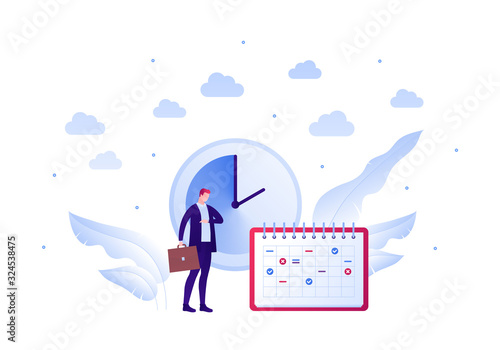 Business planning schedule concept. Vector flat people illustration. Businessman with briefcase in suit watching clock. Calendar planner symbol. Design element for banner, poster, background.
