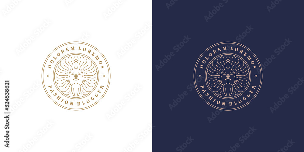 Fototapeta premium Beautiful female line face with fluttering hairs vector logo emblem design template illustration