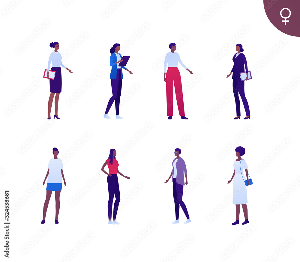 Business female african american ethnic people set. Vector flat person illustration. Group of corporate women in different cloth and poses. Design element for banner, poster, background, sketch, art.
