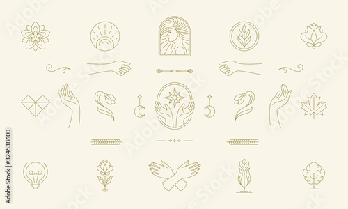 Vector line feminine decoration design elements set - female face and gesture hands illustrations simple linear style