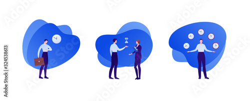Business time and task management concept. Vector flat person illustration set. Man watch clock, showing hourglass and talking to woman, juggling timer. Design element for banner, poster, background.