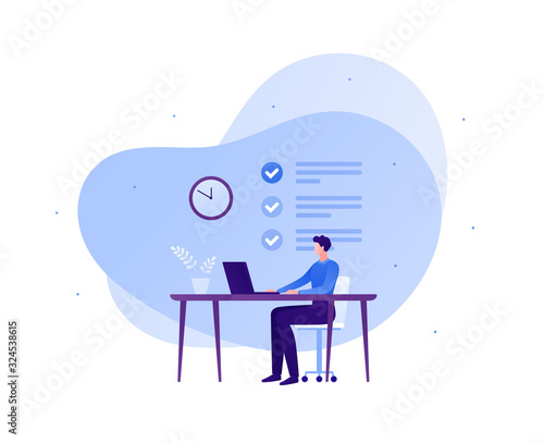 Business office work and task management concept. Vector flat person illustration. Male sitting at desk with laptop. To-do list and time clock sign. Design element for banner, poster, background.