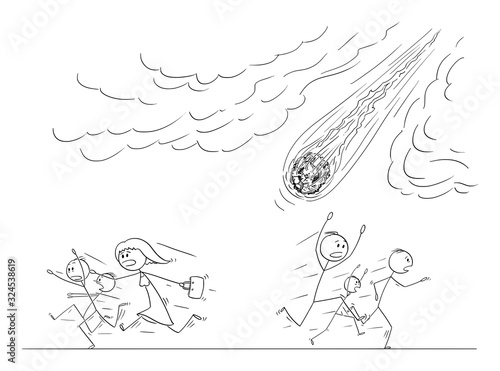 Vector cartoon stick figure drawing conceptual illustration of group of people or crowd running away in panic from falling asteroid crashing to Earth or meteorite.