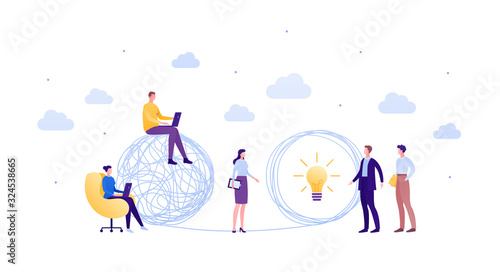 Business team creative idea solution concept. Vector flat person illustration. Group of corporate working people with laptop and papers. Design element for banner, poster, background.