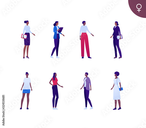 Business female african american ethnic people set. Vector flat person illustration. Group of corporate women in different cloth and poses. Design element for banner  poster  background  sketch  art.
