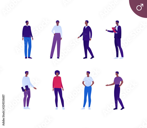 Business male african american ethnic people set. Vector flat person illustration. Group of corporate men in different cloth and poses. Design element for banner, poster, background, sketch, art.