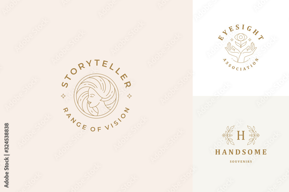 Fototapeta Vector line logos emblems design templates set - female face and gesture hands illustrations simple minimal linear style