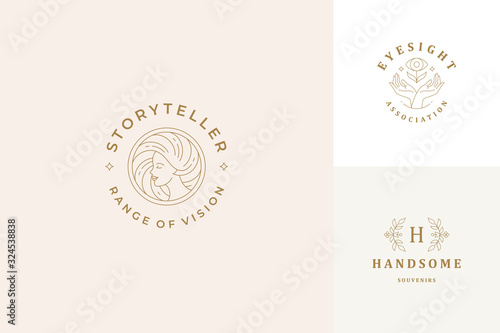 Fototapeta Vector line logos emblems design templates set - female face and gesture hands illustrations simple minimal linear style