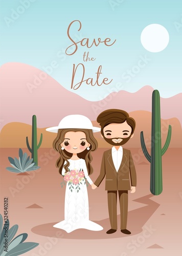 Save the Date.Cute bride and groom in Bohemian wedding dress in Desert Landscape