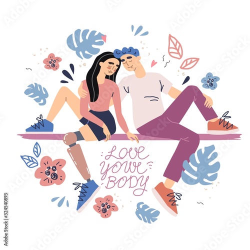 body positive. couple in love. young girl with a bionic prosthetic leg