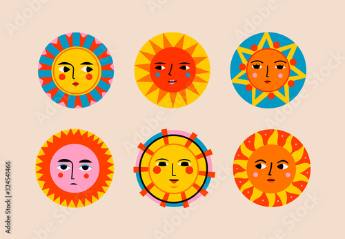 Colorful abstract Suns with faces. Various emotions. Ethnic style. Hand drawn Vector set. All elements are isolated. Perfect for textile prints