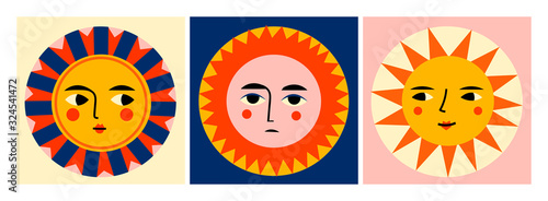 Colorful abstract Suns with faces. Pre-made cards. Various emotions. Trendy illustrations. Ethnic style. Hand drawn Vector set. All elements are isolated. Perfect for textile prints