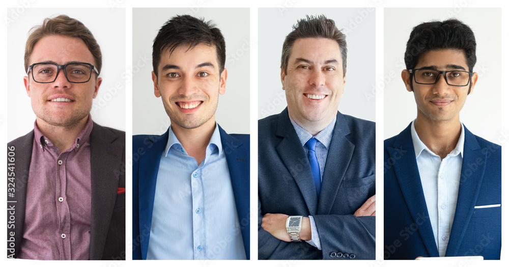 Collage of smiling confident businessmen looking at camera. Multiscreen montage, split screen collage. Office employees concept Collage of smiling confident businessmen looking at camera. Multiscreen montage, split screen collage. Office employees concept