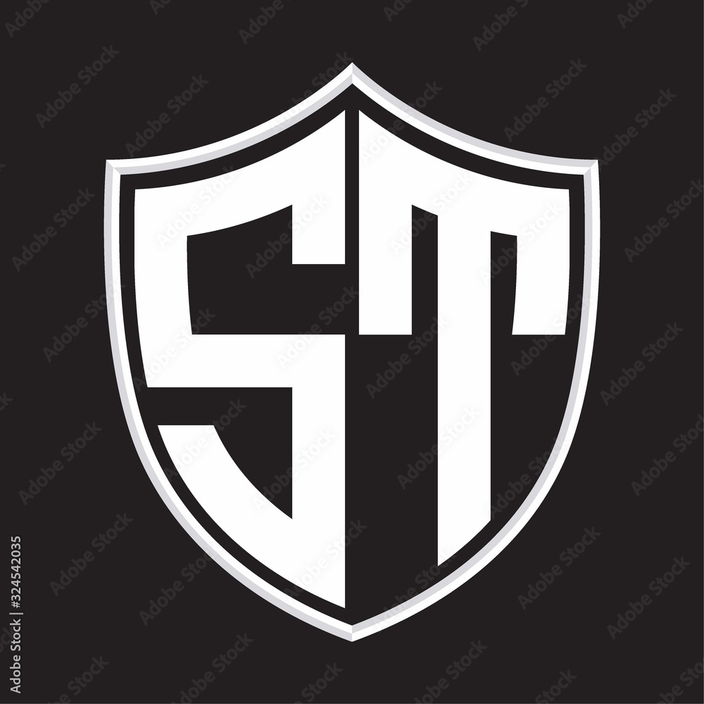 ST Logo monogram with shield shape isolated on outline design template ST Logo monogram with shield shape isolated on outline design template