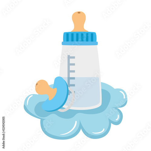 baby bottle milk with pacifier in cloud vector illustration design