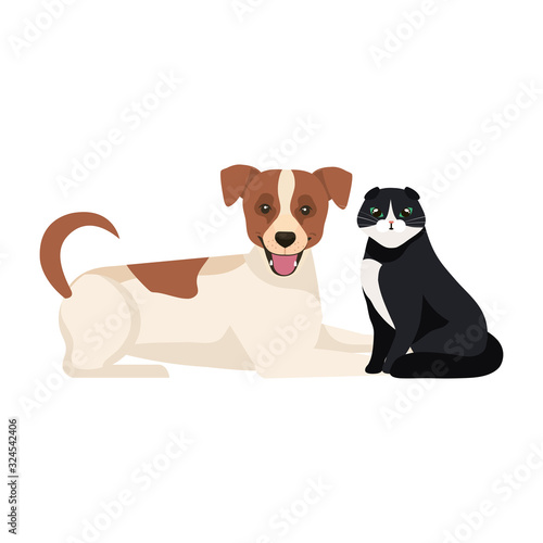cute dog with cat black and white vector illustration design