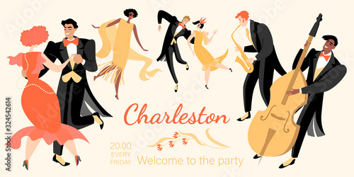 Banner for a retro party with young dancing people and funny musicians.